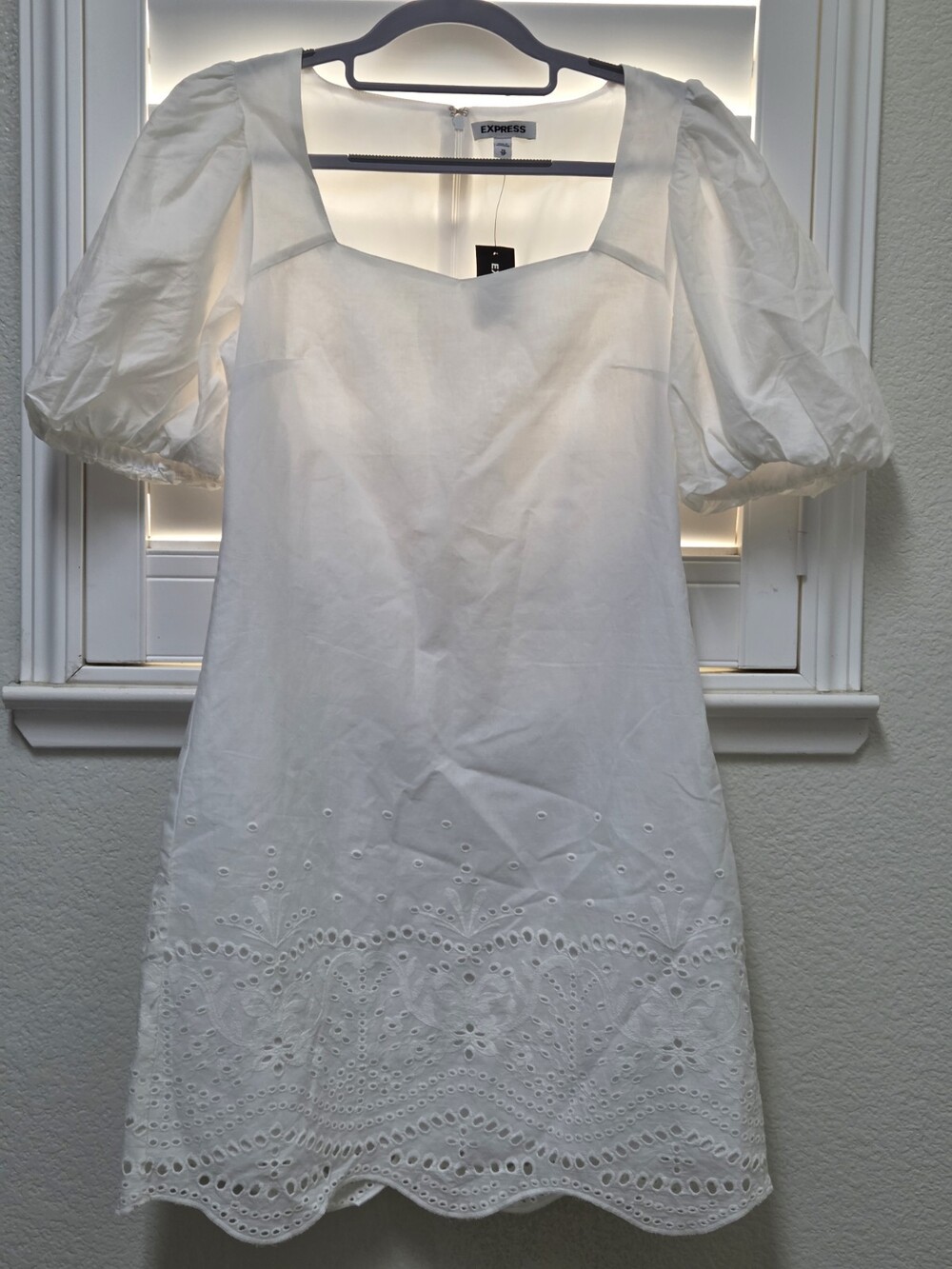 Express White Eyelet Dress XS Puff Sleeve Square Neck Cotton Lined NWT Summer